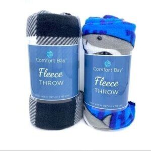 Comfort Bay Plaid and Sharks Fleece Throw Blankets Pair (2) New